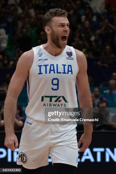 Nicolo Melli, #9 of Italy, reacts during the FIBA EuroBasket 2022 group C match between Italy and Croatia at Forum di Assago on September 06, 2022 in...