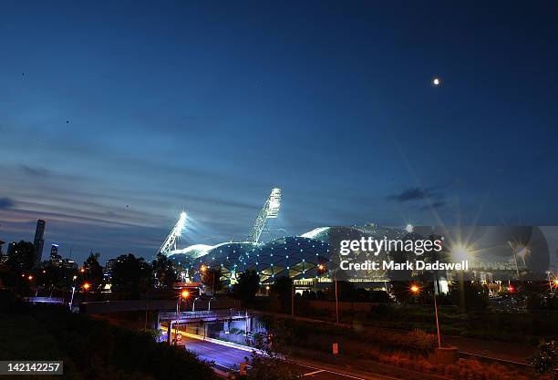 General view across the Melbourne sports precinct during the round five NRL match between the Melbourne Storm and the Newcastle Knights at AAMI Park...