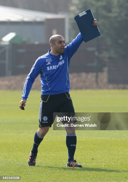 Roberto Di Matteo of Chelsea during a training session at the Cobham Training Ground on March 30, 2012 in Cobham, England.