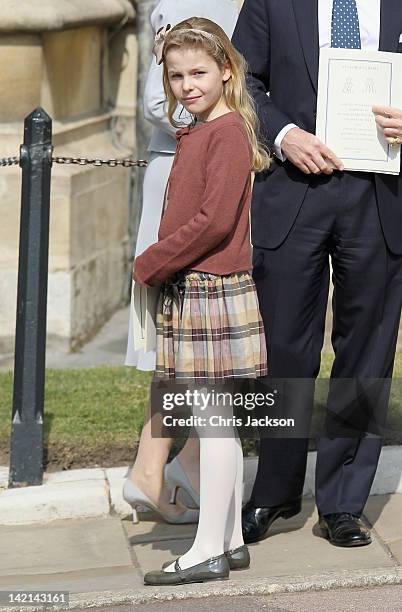 Margarita Armstrong-Jones leaves a thanksgiving service for the Queen Mother and Princess Margaret at St George's Chapel on March 30, 2012 in...