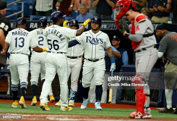 Randy Arozarena of the Tampa Bay Rays clebrates three run home run in the first inning during a game against the Boston Red Sox at Tropicana Field on...