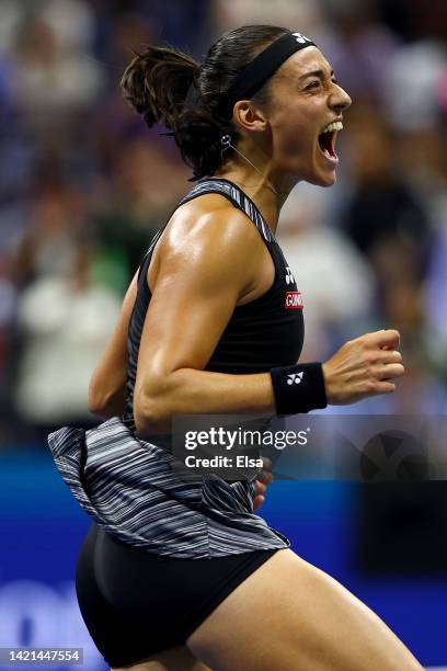 Caroline Garcia of France celebrates after defeating Coco Gauff of the United States in their Women’s Singles Quarterfinal match on Day Nine of the...