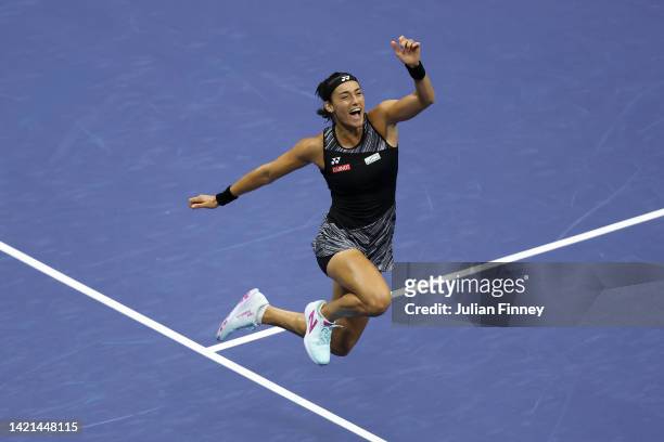 Caroline Garcia of France celebrates after defeating Coco Gauff of the United States in their Women’s Singles Quarterfinal match on Day Nine of the...