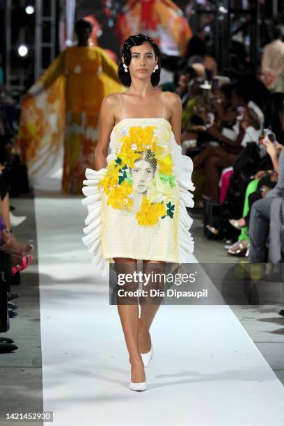 Model walks the runway for Deus Ex Machina during Harlem's Fashion Row 15th Anniversary Fashion Show And Style Awards on September 06, 2022 in New...