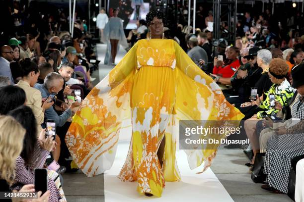 Model walks the runway for Deus Ex Machina during Harlem's Fashion Row 15th Anniversary Fashion Show And Style Awards on September 06, 2022 in New...