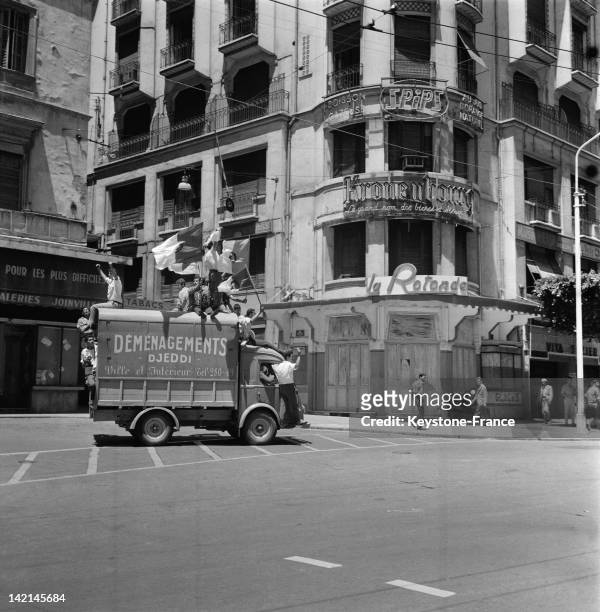 Celebrations in the streets after the proclamation of independence on July 5, 1962 in Algiers, Algeria.
