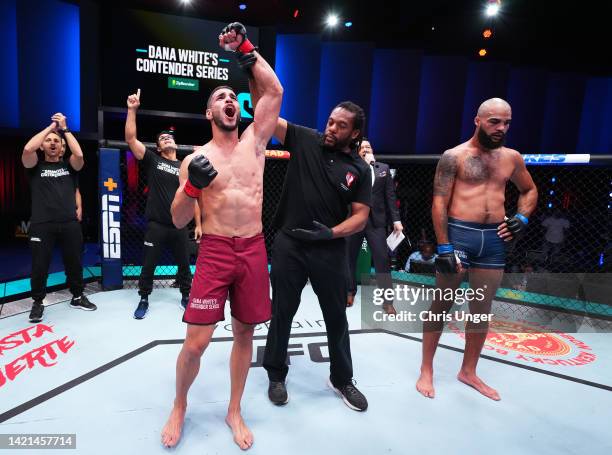 Gabriel Bonfim of Brazil reacts after his submission victory over Trey Waters in a welterweight fight during Dana White's Contender series season...