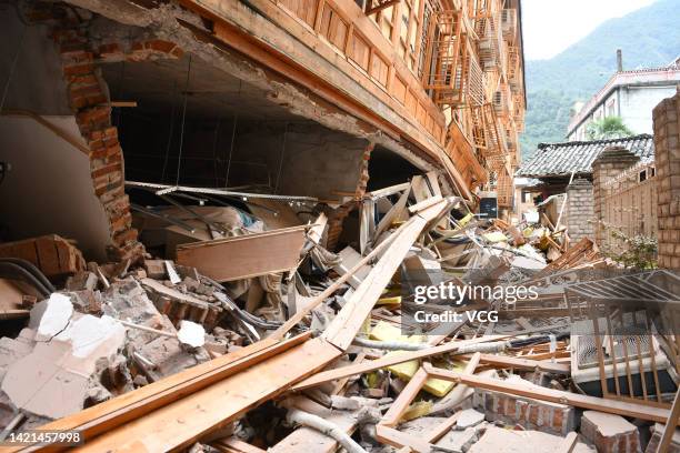 Damaged buildings stand in Moxi town on September 6, 2022 in Luding County, Garze Tibetan Autonomous Prefecture, Sichuan Province of China. A...