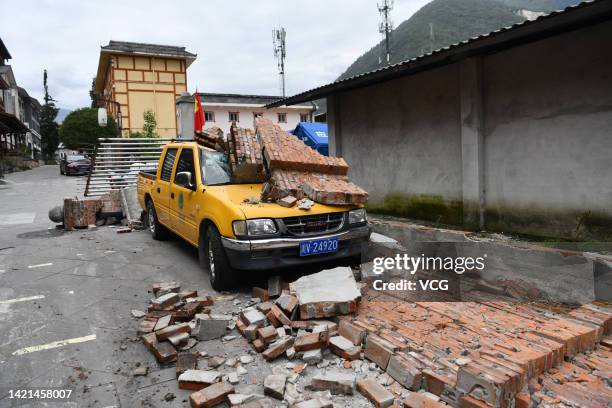 Damaged vehicle is seen in Moxi town on September 6, 2022 in Luding County, Garze Tibetan Autonomous Prefecture, Sichuan Province of China. A...