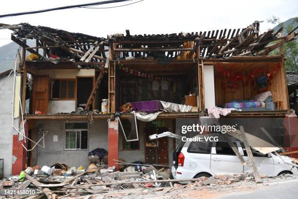 Damaged building stands in Moxi town on September 6, 2022 in Luding County, Garze Tibetan Autonomous Prefecture, Sichuan Province of China. A...