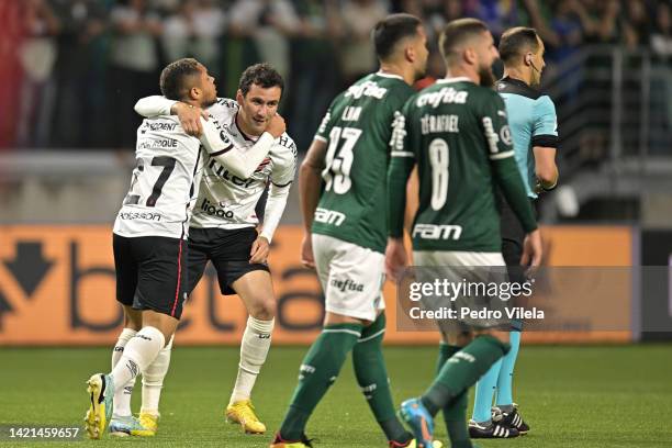 Pablo Felipe Teixeira celebrates after scoring the first goal of his team during a Copa CONMEBOL Libertadores 2022 second-leg semifinal match between...