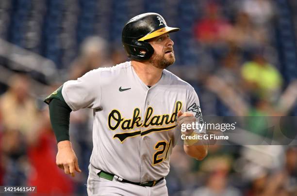 Stephen Vogt of the Oakland Athletics runs to first base against the Washington Nationals at Nationals Park on September 01, 2022 in Washington, DC.