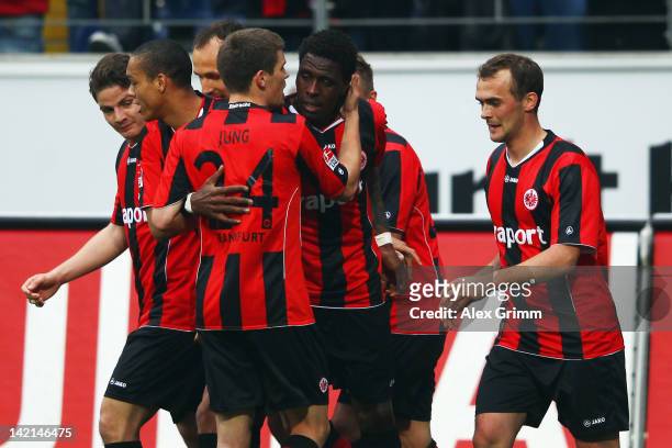 Mohamadou Idrissou of Frankfurt celebrates his team's first goal with team mates during the Second Bundesliga match between Eintracht Frankfurt and...