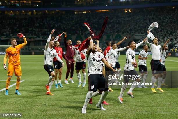Players of Athletico Parananese celebrate after winning a Copa CONMEBOL Libertadores 2022 second-leg semifinal match between Palmeiras and Athletico...