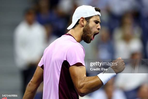 Karen Khachanov celebrates a point against Nick Kyrgios of Australia during their Men’s Singles Quarterfinal match on Day Nine of the 2022 US Open at...