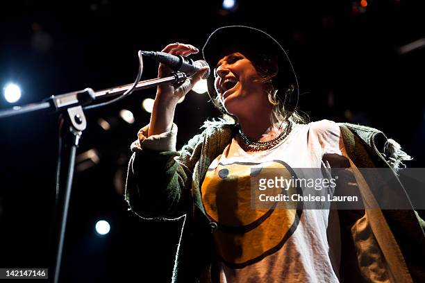 Vocalist Emily Armstrong of Dead Sara performs at the Vans Warped Tour 2012 kick off party and press conference at Club Nokia on March 29, 2012 in...