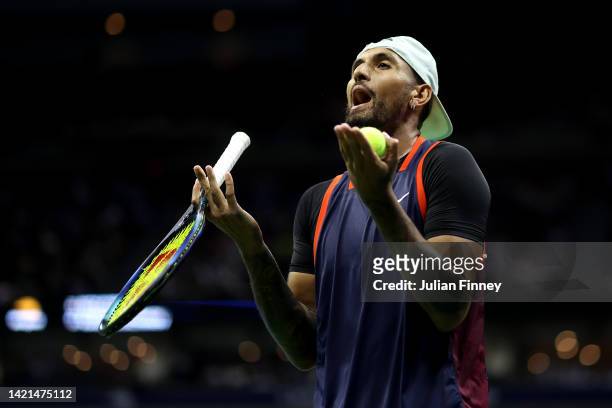 Nick Kyrgios of Australia reacts to a point against Karen Khachanov during their Men’s Singles Quarterfinal match on Day Nine of the 2022 US Open at...