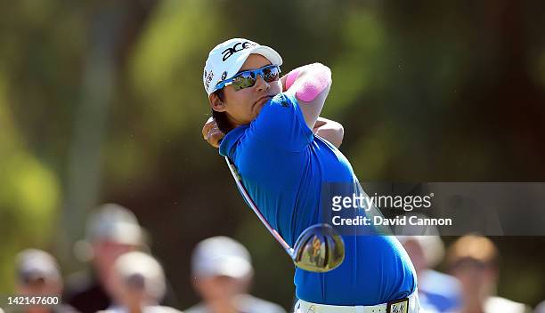Yani Tseng of Taiwan plays her tee shot at the par 4, 15th hole during the second round of the 2012 Kraft Nabisco Championship at Mission Hills...