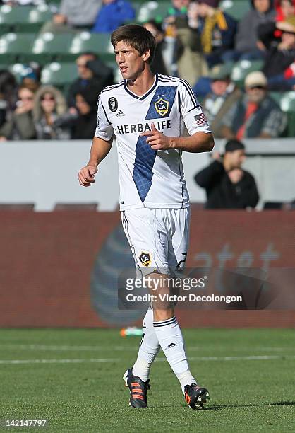 Andrew Boyens of the Los Angeles Galaxy jogs into his defensive position against D.C. United during the MLS match at The Home Depot Center on March...