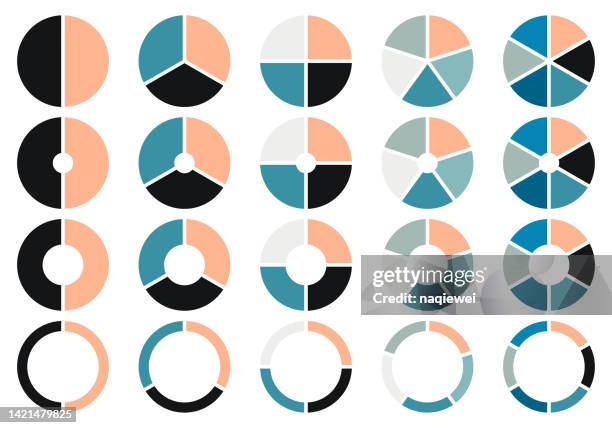 vektor-illustration kreisdiagramm-set, kreis-symbole für infografik-fortschrittsbalken, farben diagramm sammlung mit 2,3,4,5,6 abschnitten oder schritten, ui, webdesign geschäftspräsentation - bar 3 4 stock-grafiken, -clipart, -cartoons und -symbole