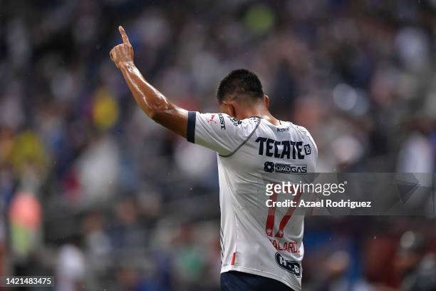 Jesús Gallardo of Monterrey celebrates after scoring his team’s first goal during the 13th round match between Monterrey and Cruz Azul as part of the...