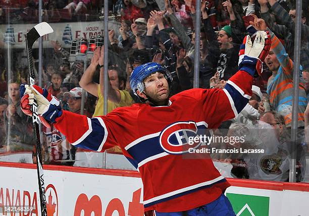 Erik Cole of the Montreal Canadiens celebrates a goal during the NHL game against the Ottawa Senators on March 23, 2012 at the Bell Centre in...