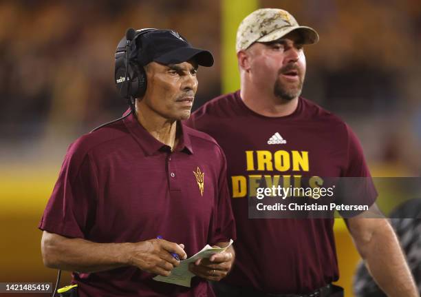 Head coach Herm Edwards of the Arizona State Sun Devils reacts during the first half of the NCAAF game against the Northern Arizona Lumberjacks at...