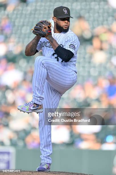 Alex Colome of the Colorado Rockies pitches against the Milwaukee Brewers in the ninth inning of a game at Coors Field on September 5, 2022 in...