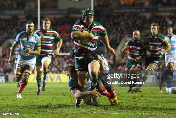 Thomas Waldrom of Leicester is tackled just short of the try line during the Aviva Premiership match between Leicester Tigers and Worcester Warriors...