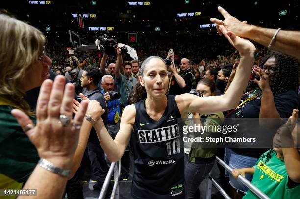 Sue Bird of the Seattle Storm reacts after losing to the Las Vegas Aces 97-92 in her final game of her career during Game Four of the 2022 WNBA...