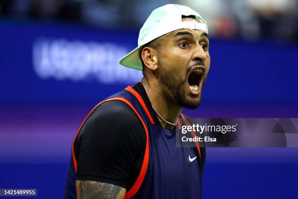 Nick Kyrgios of Australia reacts to a point in the fifth set against Karen Khachanov during their Men’s Singles Quarterfinal match on Day Nine of the...