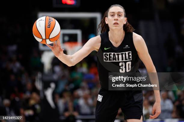 Breanna Stewart of the Seattle Storm passes against the Las Vegas Aces during the third quarter in Game Four of the 2022 WNBA Playoffs semifinals at...