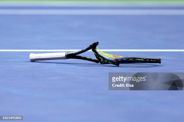 Detailed view of the racket of Nick Kyrgios of Australia is seen on court after being defeated by Karen Khachanov in their Men’s Singles Quarterfinal...
