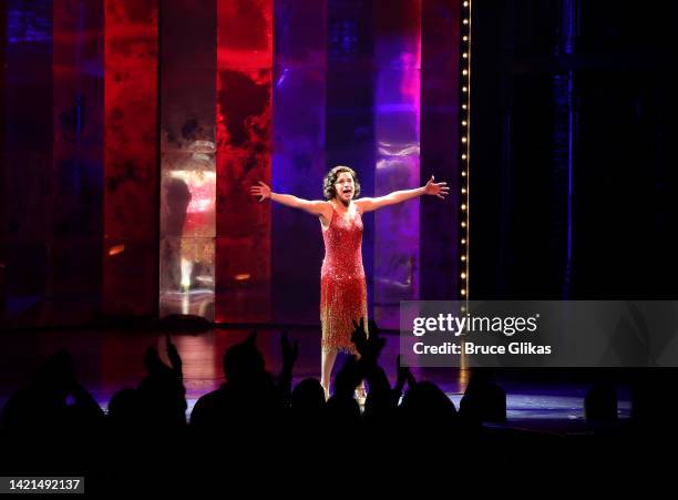 Lea Michele takes her first curtain call as "Fanny Brice" in "Funny Girl" on Broadway at The August Wilson Theatre on September 6, 2022 in New York...