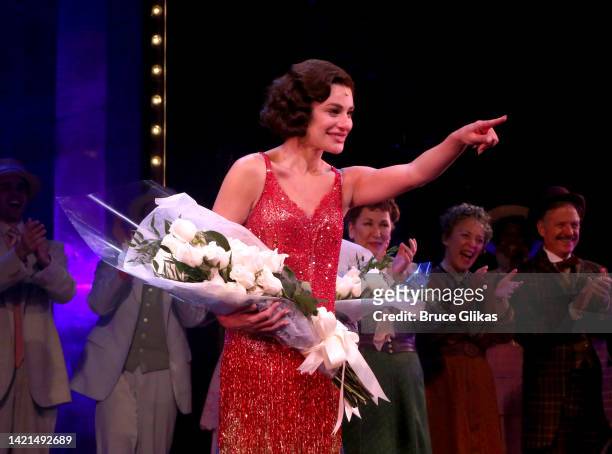 Lea Michele takes her first curtain call as "Fanny Brice" in "Funny Girl" on Broadway at The August Wilson Theatre on September 6, 2022 in New York...