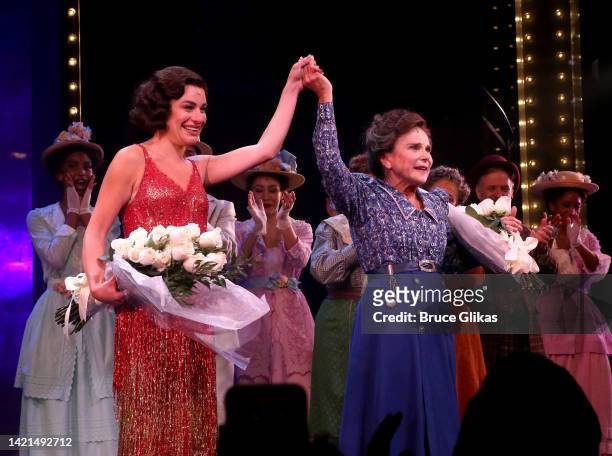 Lea Michele as "Fanny Brice" and Tovah Feldshuh as "Mrs. Brice" take their first curtain call in "Funny Girl" on Broadway at The August Wilson...