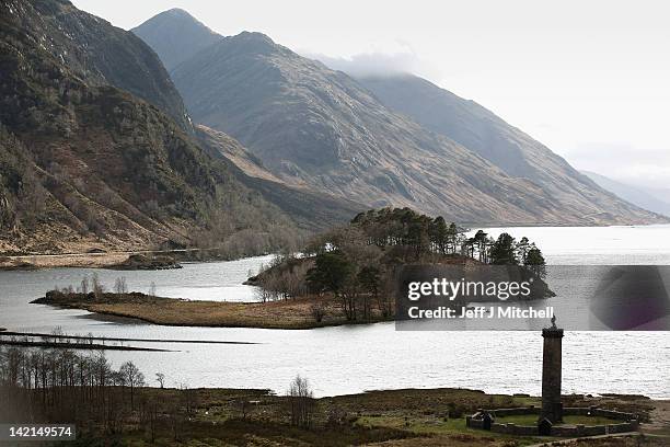 View of the Glenfinnan Monument with Loch Shiel behind on March 30, 2012 in Glenfinnan, Scotland. The monument was built in 1815 to mark the place...