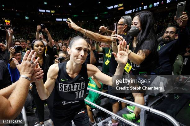 Sue Bird of the Seattle Storm reacts after losing to the Las Vegas Aces 97-92 in her final game of her career during Game Four of the 2022 WNBA...