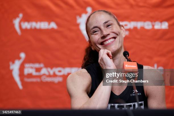 Sue Bird of the Seattle Storm reacts in a press conference after losing to the Las Vegas Aces 97-92 in her final game of her career during Game Four...