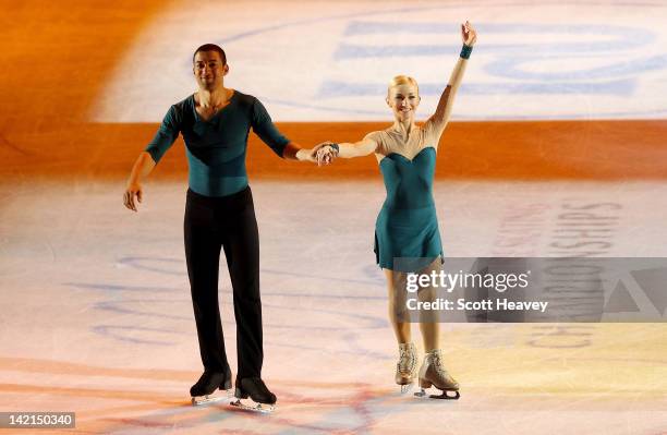 Aliona Savchenko and Robin Szolkowy of Germany celebrate winning Gold during day five of the ISU World Figure Skating Championships on March 30, 2012...