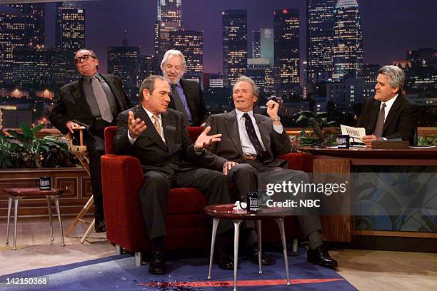 Episode 1883 -- Pictured: Actors James Garner, Donald Sutherland, Tommy Lee Jones, Clint Eastwood during an interview with host Jay Leno on August 1,...