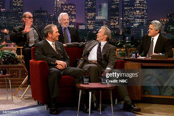 Episode 1883 -- Pictured: Actors James Garner, Donald Sutherland, Tommy Lee Jones, Clint Eastwood during an interview with host Jay Leno on August 1,...