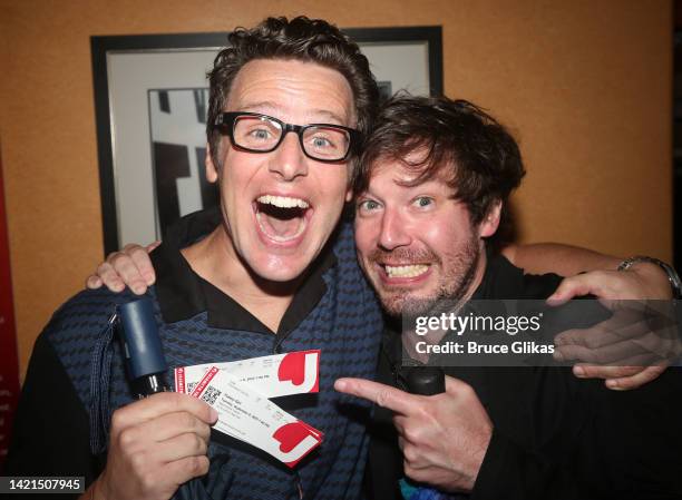 Jonathan Groff and John Gallagher Jr. Pose at Lea Michele's first performance in "Funny Girl" on Broadway at The August Wilson Theatre on September...