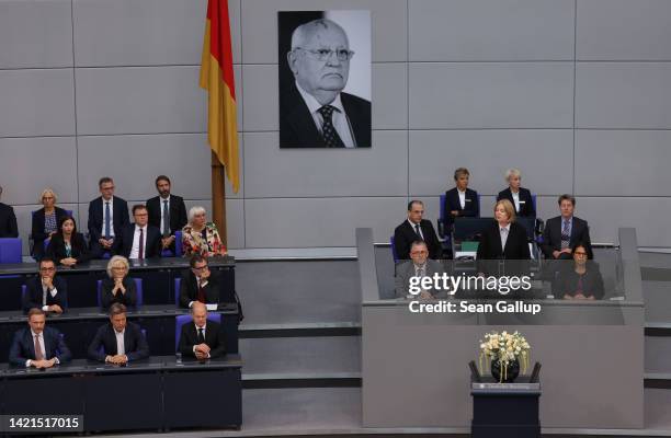 Bundestag President Baerbel Bas speaks under a portrait of former Soviet leader Mikhail Gorbachev to commemorate Gorbachev's death as members of the...