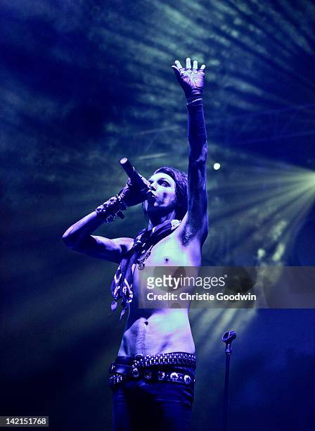 Andrew Biersack of Black Veil Brides performs on stage at Brixton Academy on March 30, 2012 in London, United Kingdom.