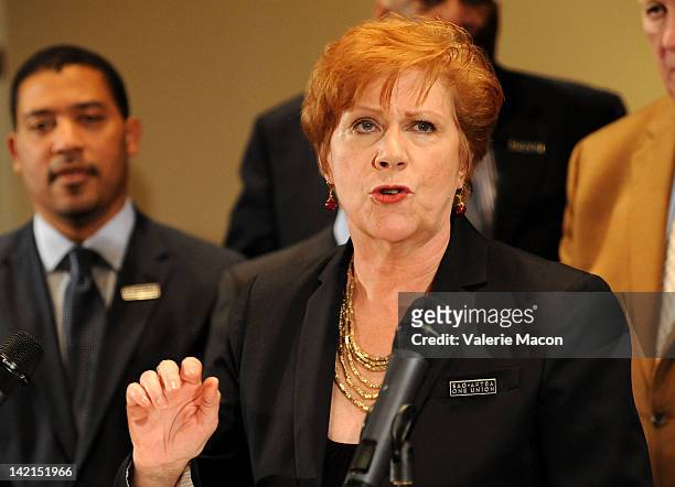 President Roberta Reardon speaks at the Screen Actors Guild And American Federation Of Television And Radio Artists Merger Referendum Results...
