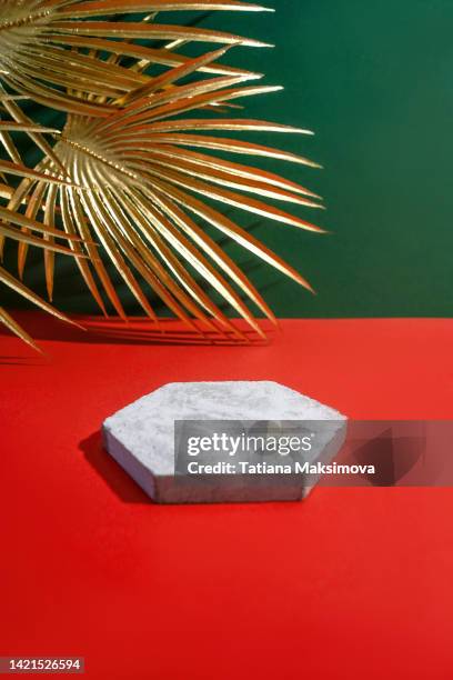 bright background for product presentation. concrete podium and golden palm leaves. - podium mode stock-fotos und bilder