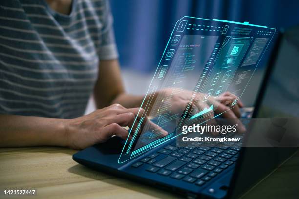 analyst working with business analytics and data management system on computer. - online database stockfoto's en -beelden