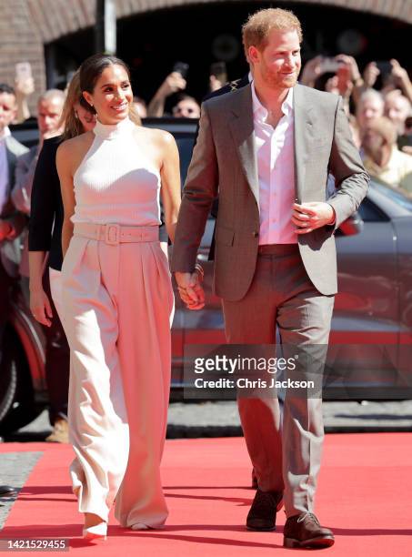 Prince Harry, Duke of Sussex and Meghan, Duchess of Sussex arrive at the town hall during the Invictus Games Dusseldorf 2023 - One Year To Go events,...