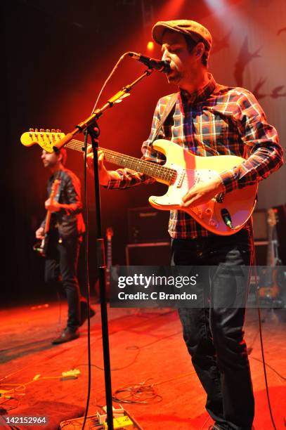 Lee Burgess and Joel Stoker of The Rifles performs on stage at Shepherds Bush Empire on March 30, 2012 in London, United Kingdom.
